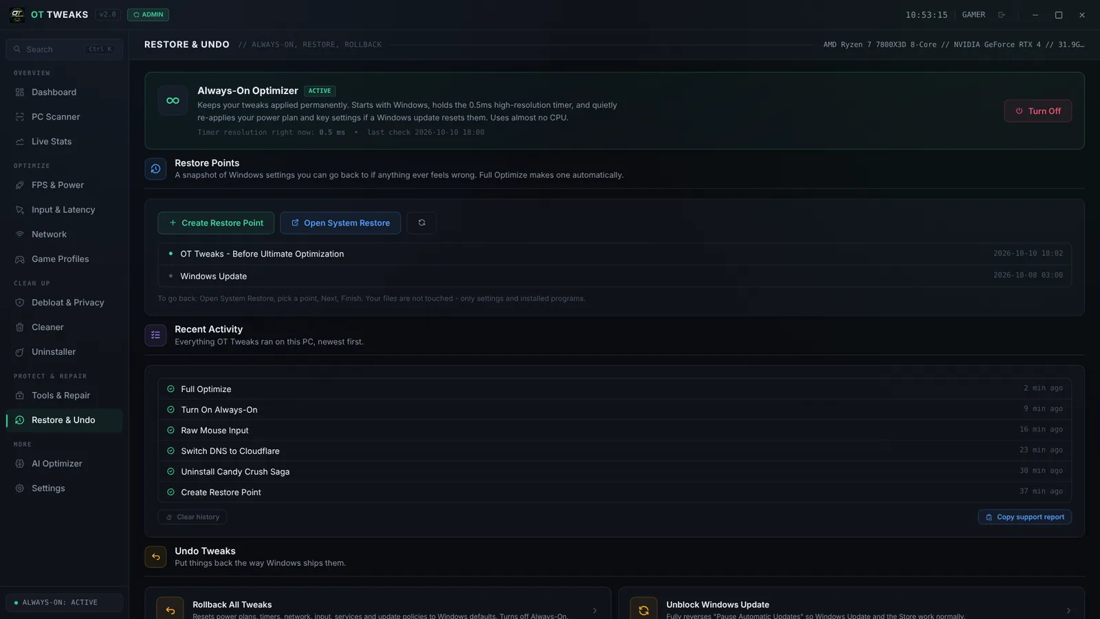 Restore and Undo tab with Always-On active, restore points and recent activity