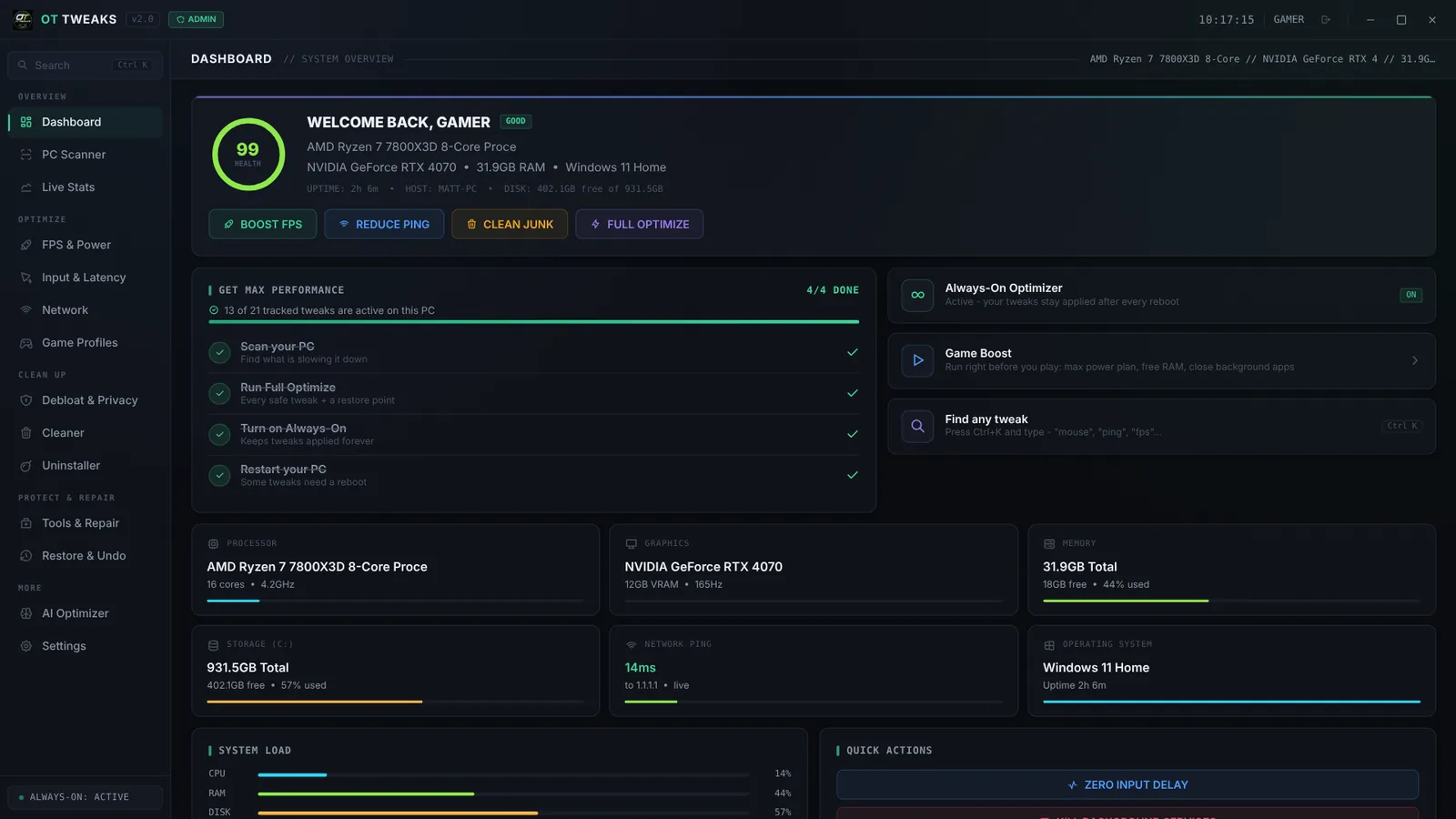 OT Tweaks dashboard showing a PC health score of 99, hardware details and quick action buttons