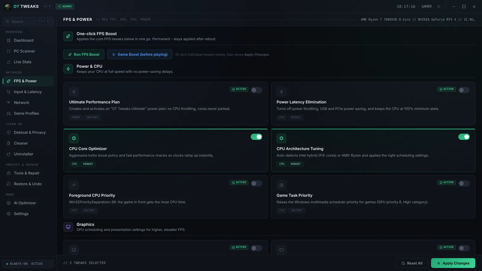 FPS and Power tab with the Ultimate Performance Plan, CPU Core Optimizer and game priority tweaks