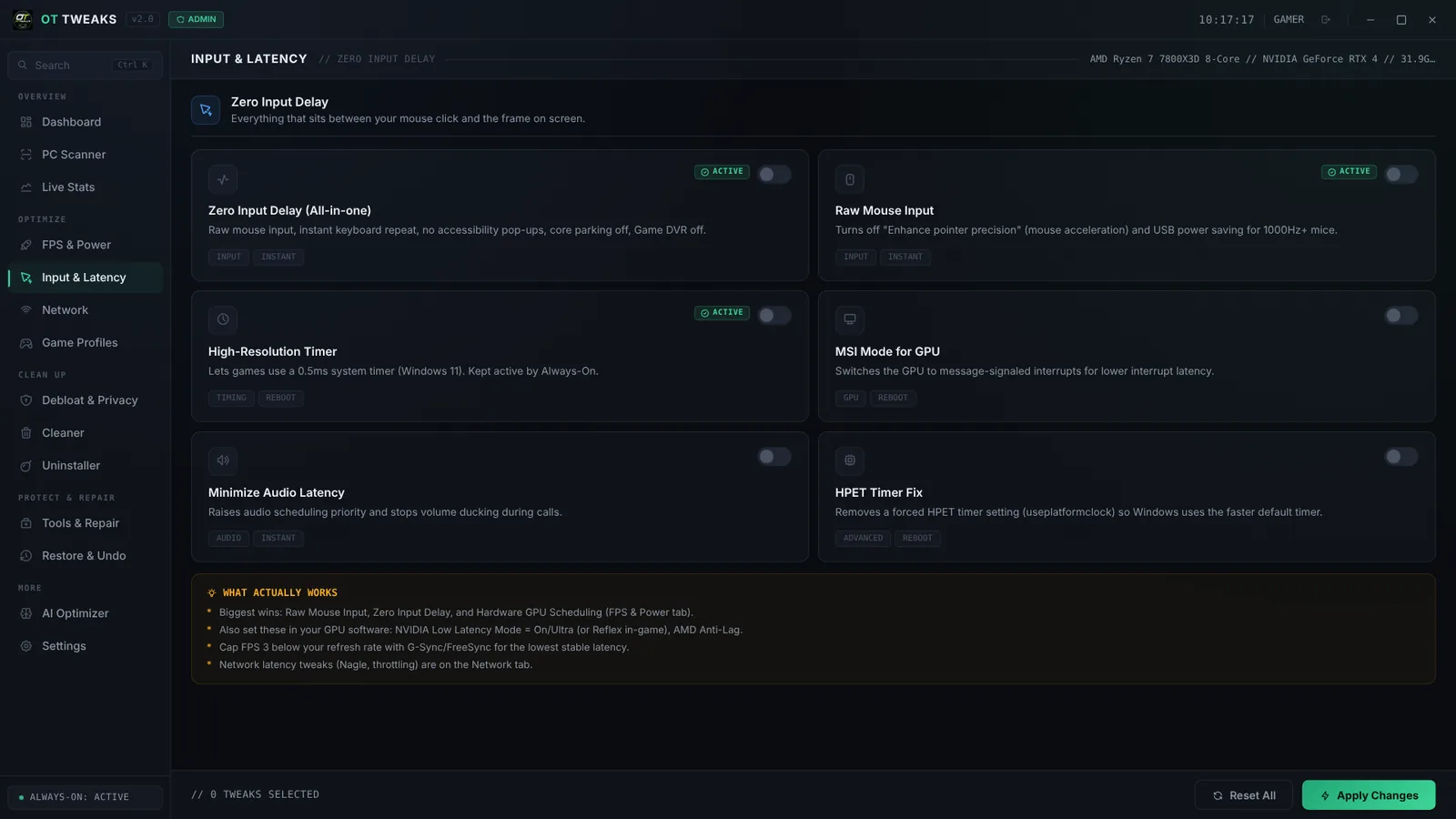 Input and Latency tab with Zero Input Delay, Raw Mouse Input and High-Resolution Timer