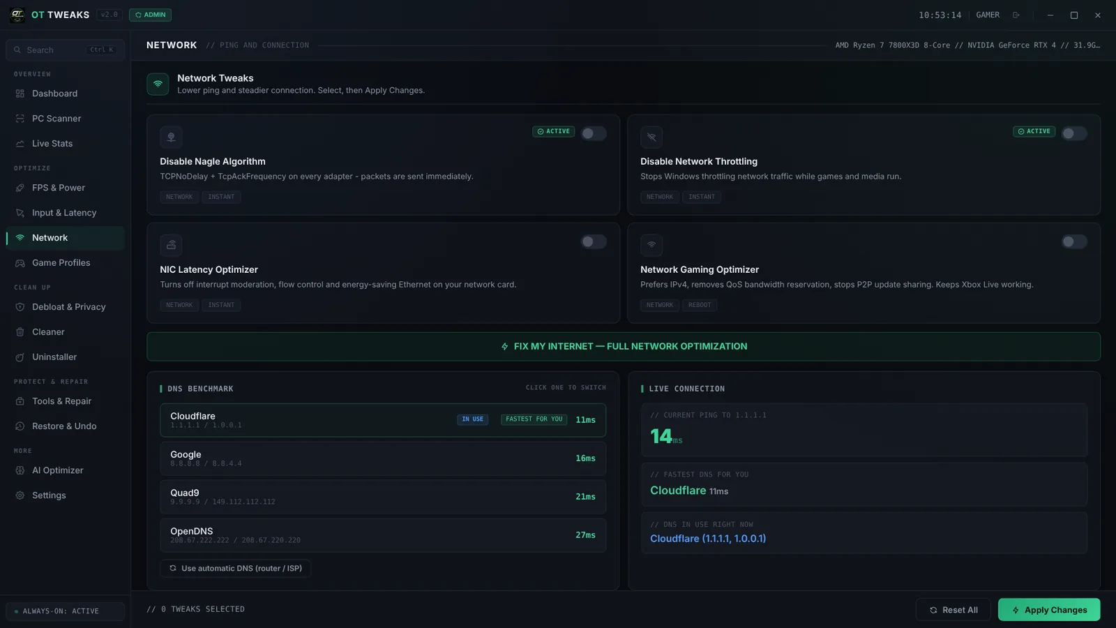 Network tab with a DNS benchmark showing Cloudflare as fastest and a live ping of 14 ms