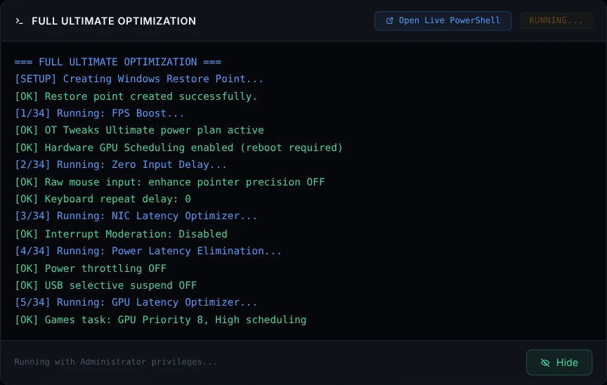 Full Optimize log showing a restore point being created and each tweak being applied