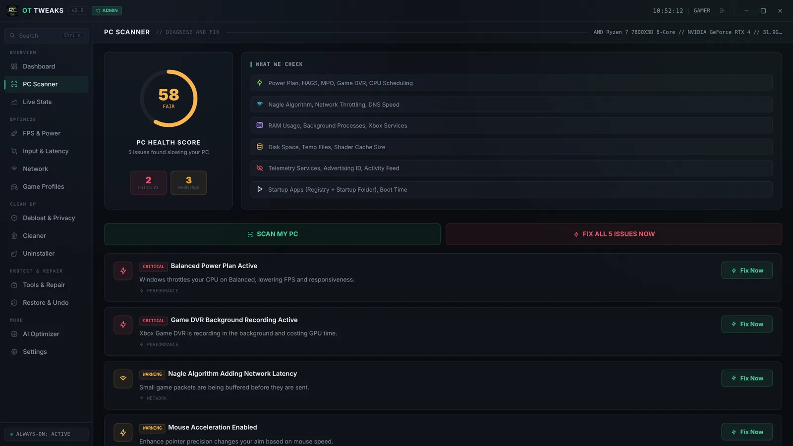PC Scanner showing a health score of 58 with critical issues and Fix Now buttons